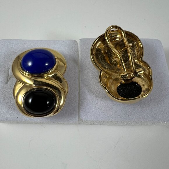 Vintage Kai Yinlo 925 Sterling Silver Clip-On Earrings With Blue & Black Cabocho - Picture 2 of 3